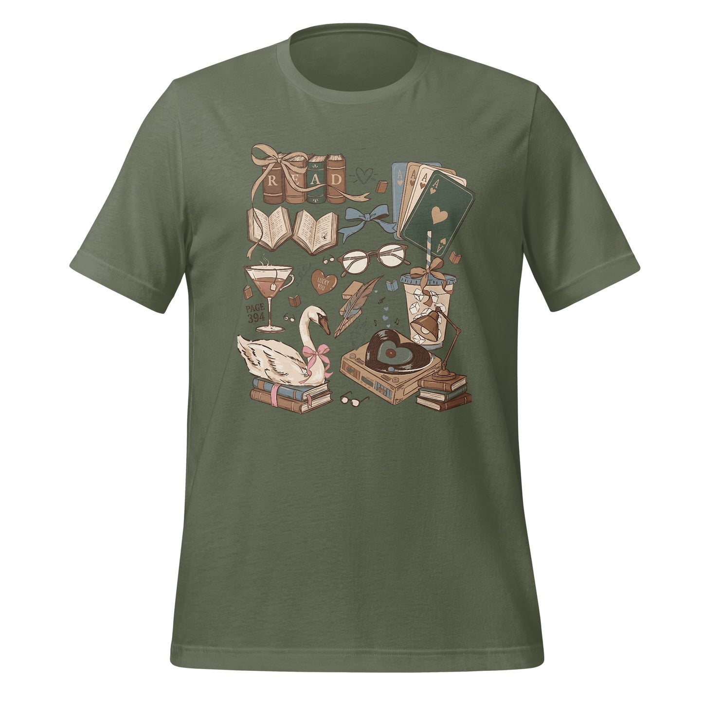 Literary Theme Graphic T-Shirt with Books and Swan
