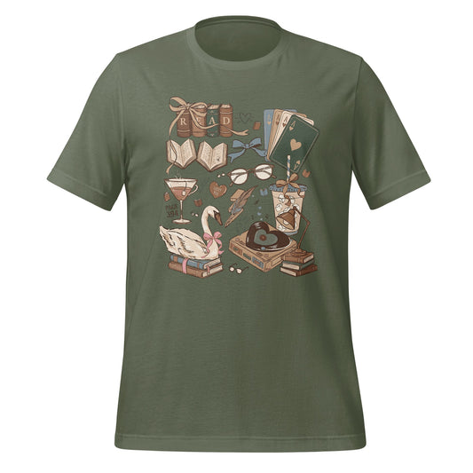 Literary Theme Graphic T-Shirt with Books and Swan
