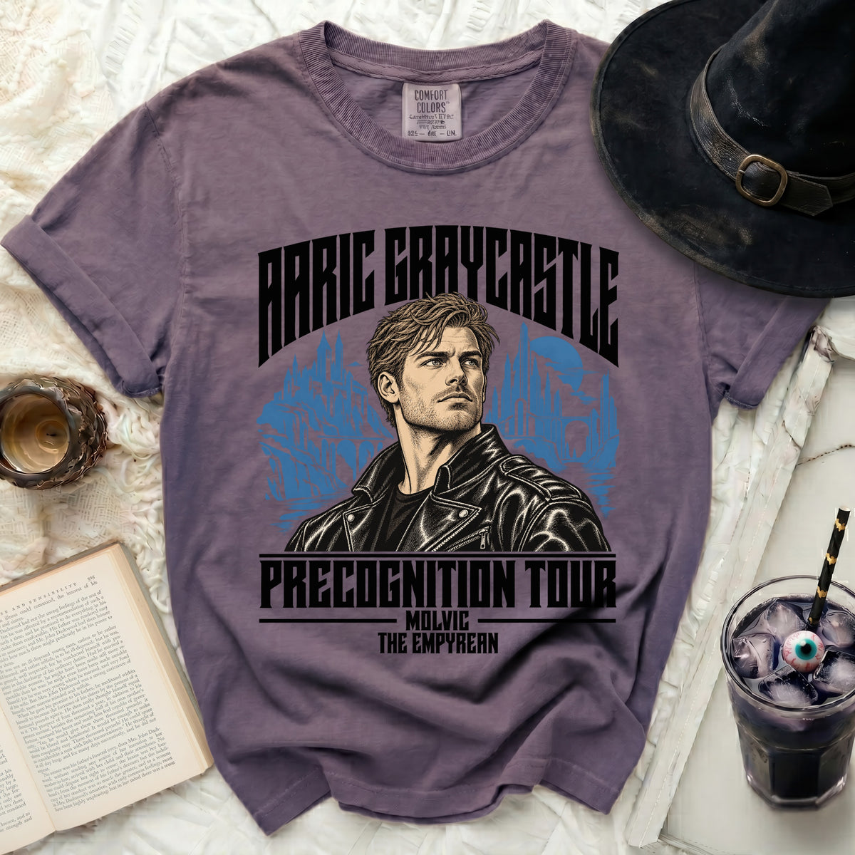 Purple t-shirt with "Arric Graycastle" and "Precognition Tour" graphics.