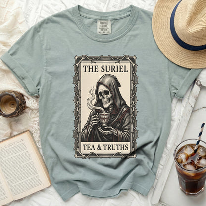 T-shirt with grim reaper drinking tea and text "THE SURIEL TEA & TRUTHS".