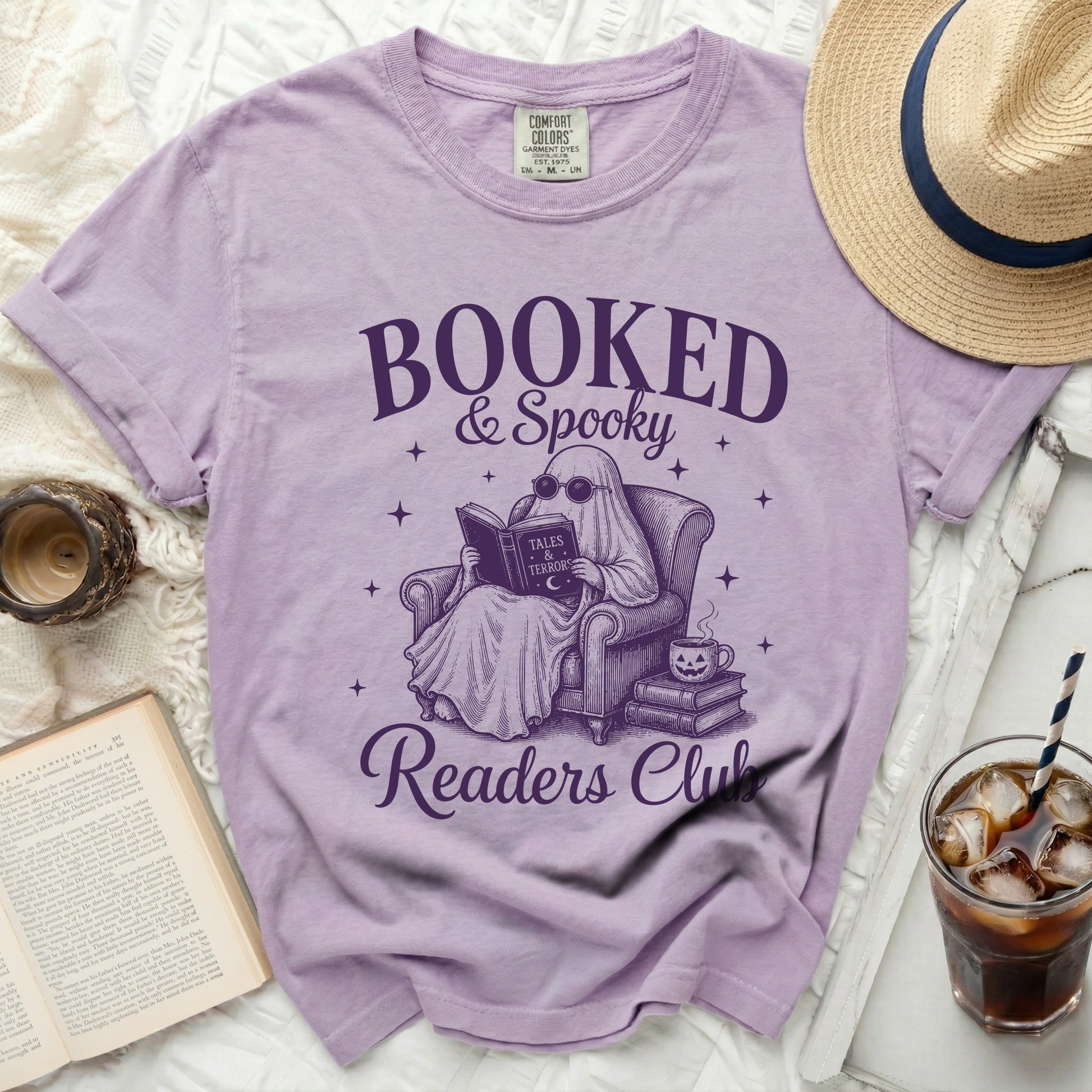 Booked & Spooky Readers Club ghost reading graphic tee
