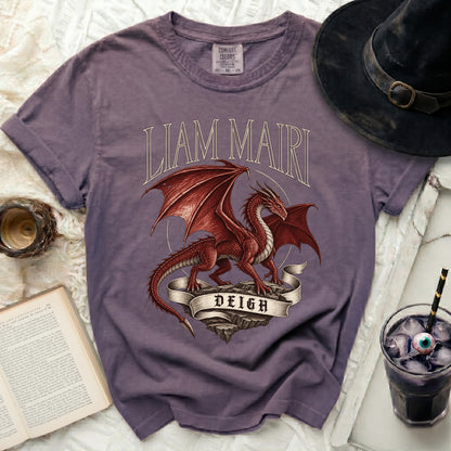 Purple t-shirt with red dragon graphic and text "LIAM MAIRI DEIGH"