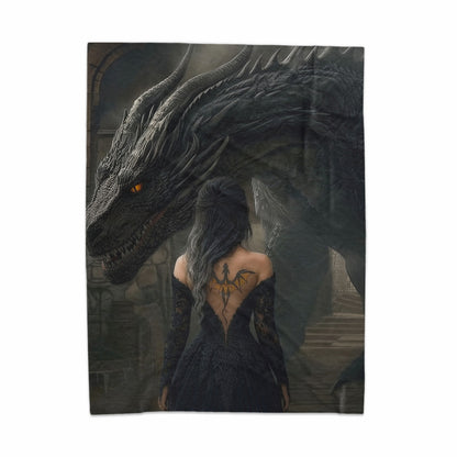Enigmatic Dragon and Woman Scene in Dark Fantasy Blanket