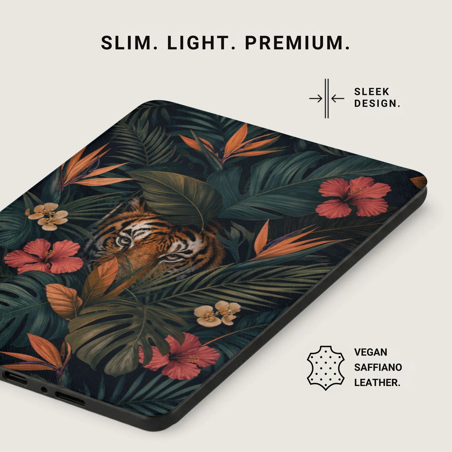 Phone case with tiger and tropical foliage pattern, vegan saffiano leather.