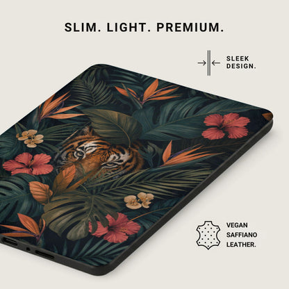 Phone case with tiger and tropical foliage pattern, vegan saffiano leather.