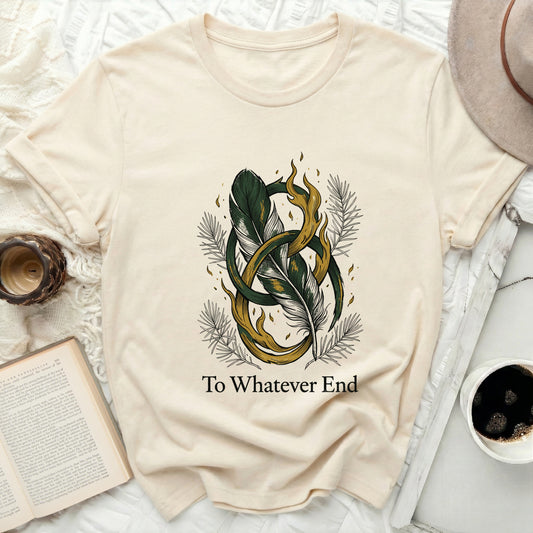 Cream t-shirt with "To Whatever End" and feather/flame graphic.