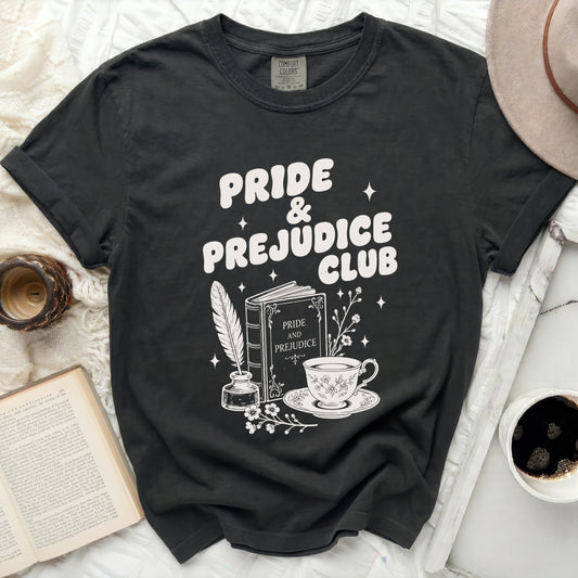 Dark t-shirt with "Pride & Prejudice Club" and book graphic.
