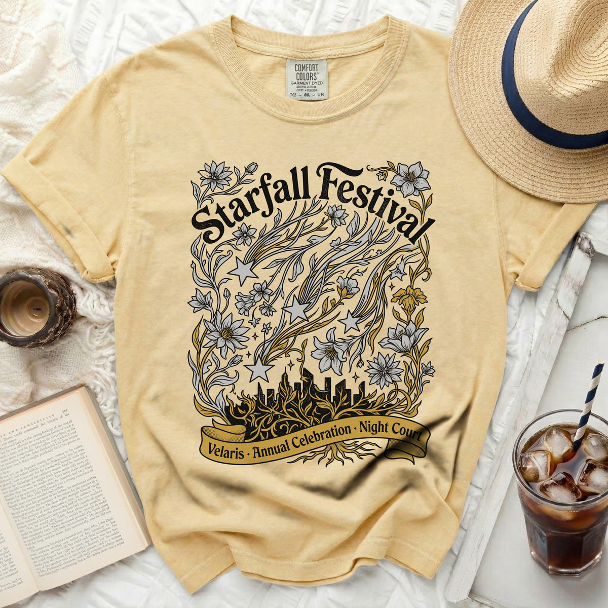 Yellow t-shirt with "Starfall Festival" and "Velaris Annual Celebration Night Court" text.