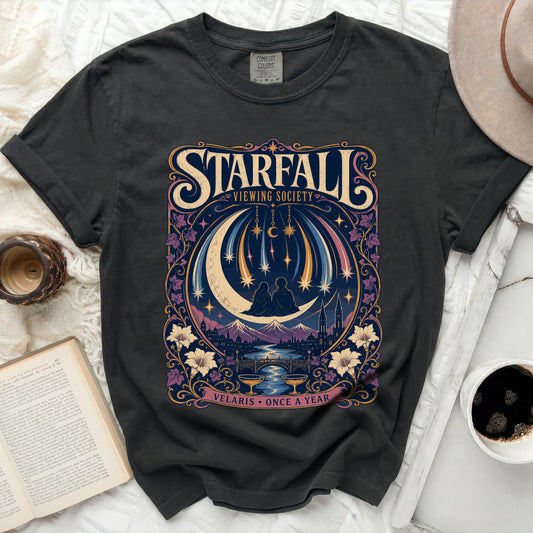 Dark t-shirt with "Starfall Viewing Society" and "Velaris Once a Year" graphic.