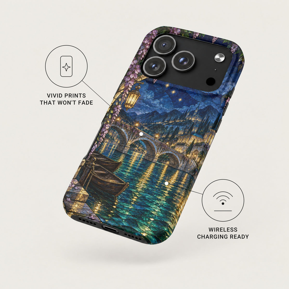 Black smartphone case featuring a night scene with a bridge over water, accompanied by feature callouts.