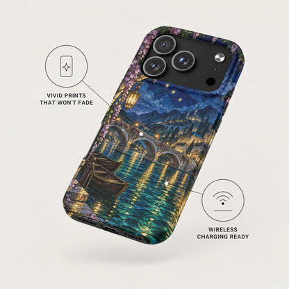 Black smartphone case featuring a night scene with a bridge over water, accompanied by feature callouts.