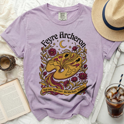 Lavender t-shirt with "Feyre Archerton" text and floral design.