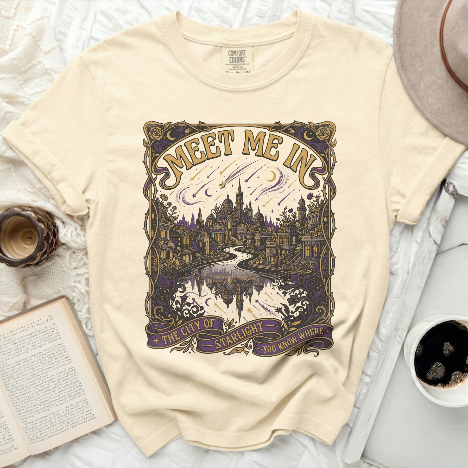T-shirt with "Meet Me In The City Of Starlight You Know Where" graphic.