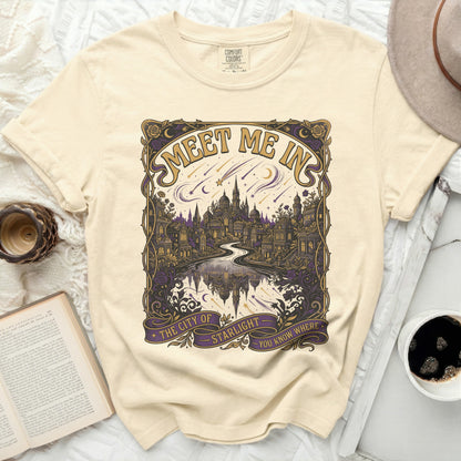 T-shirt with "Meet Me In The City Of Starlight You Know Where" graphic.