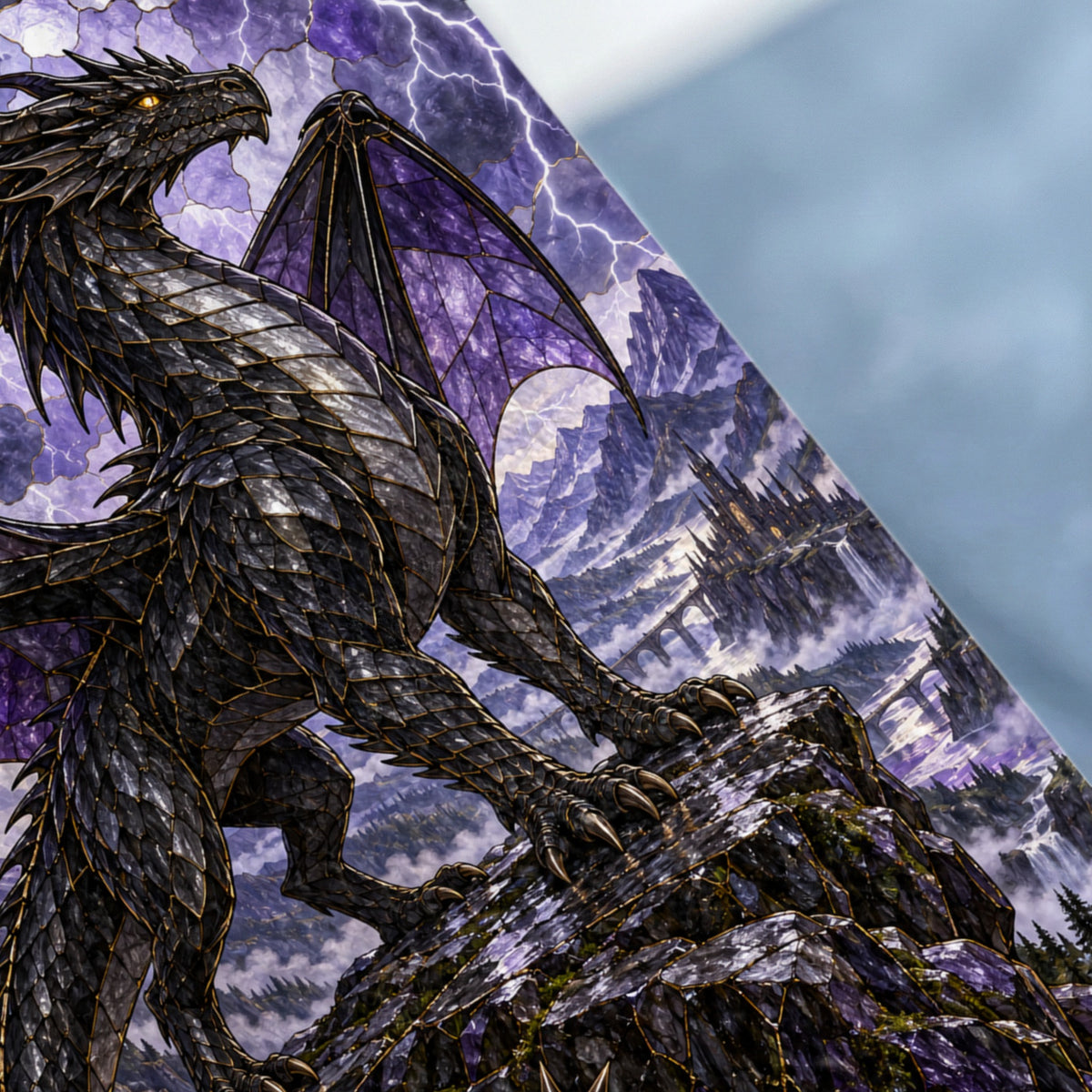 Black dragon with purple wings on rocky perch overlooking a castle and waterfalls.