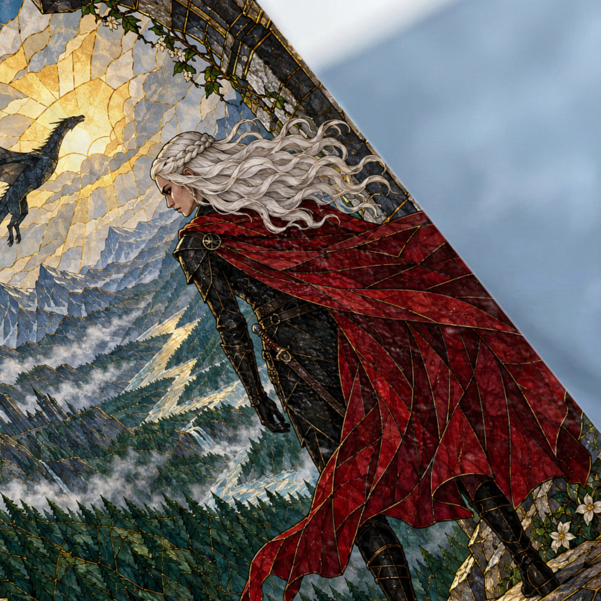 Fantasy art depicting a woman with white braided hair, red cape, and a dragon flying near mountains.