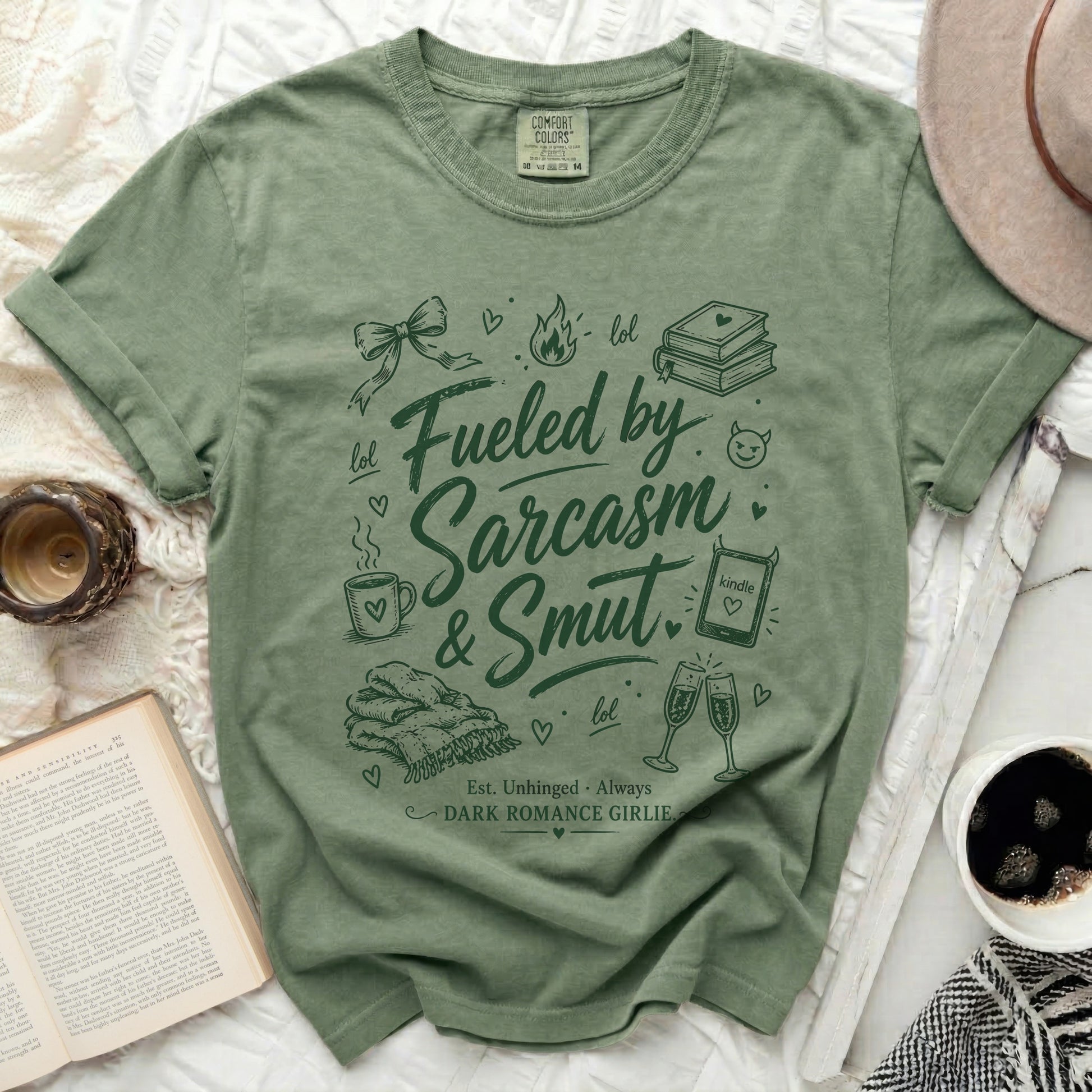 T-shirt with "Fueled by Sarcasm & Smut" and "Dark Romance Girlie" text.