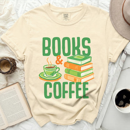 Cream t-shirt with green text "BOOKS & COFFEE" and illustrations.