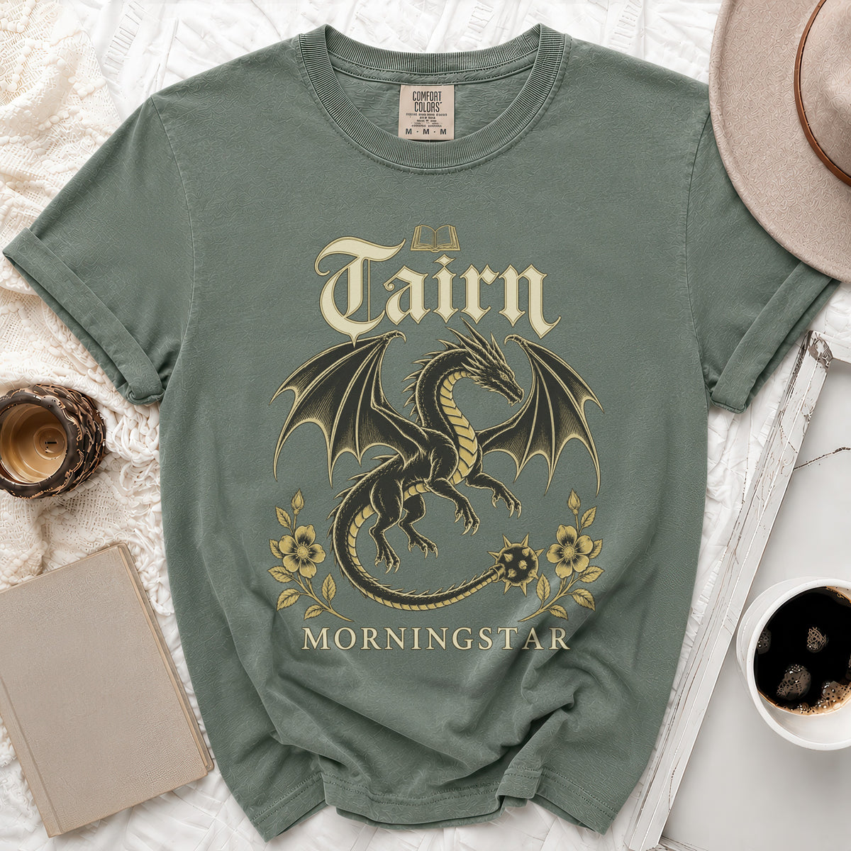 Green t-shirt with "Tairn Morningstar" text and a dragon design.