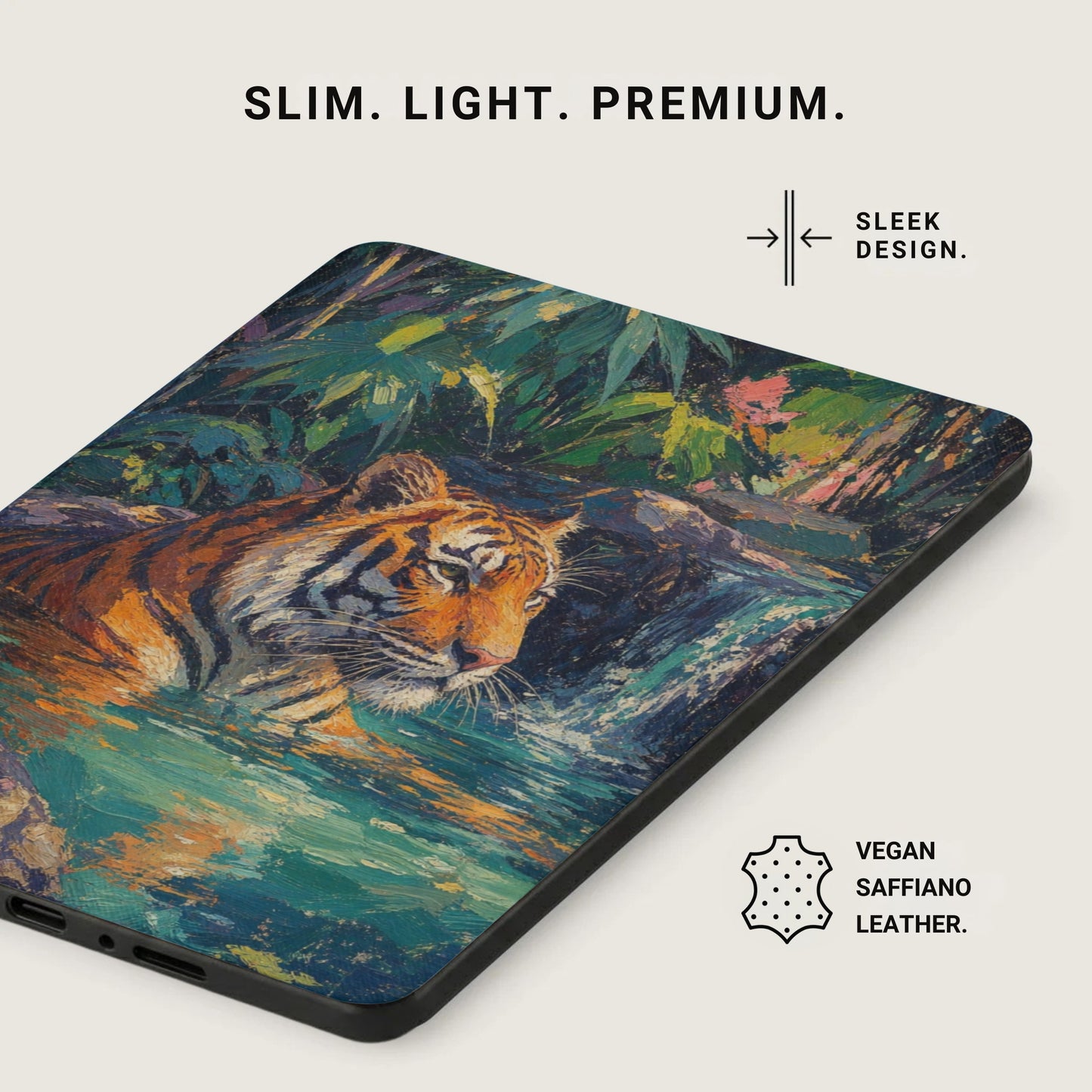 Case with a tiger painting, vegan saffiano leather, and sleek design.