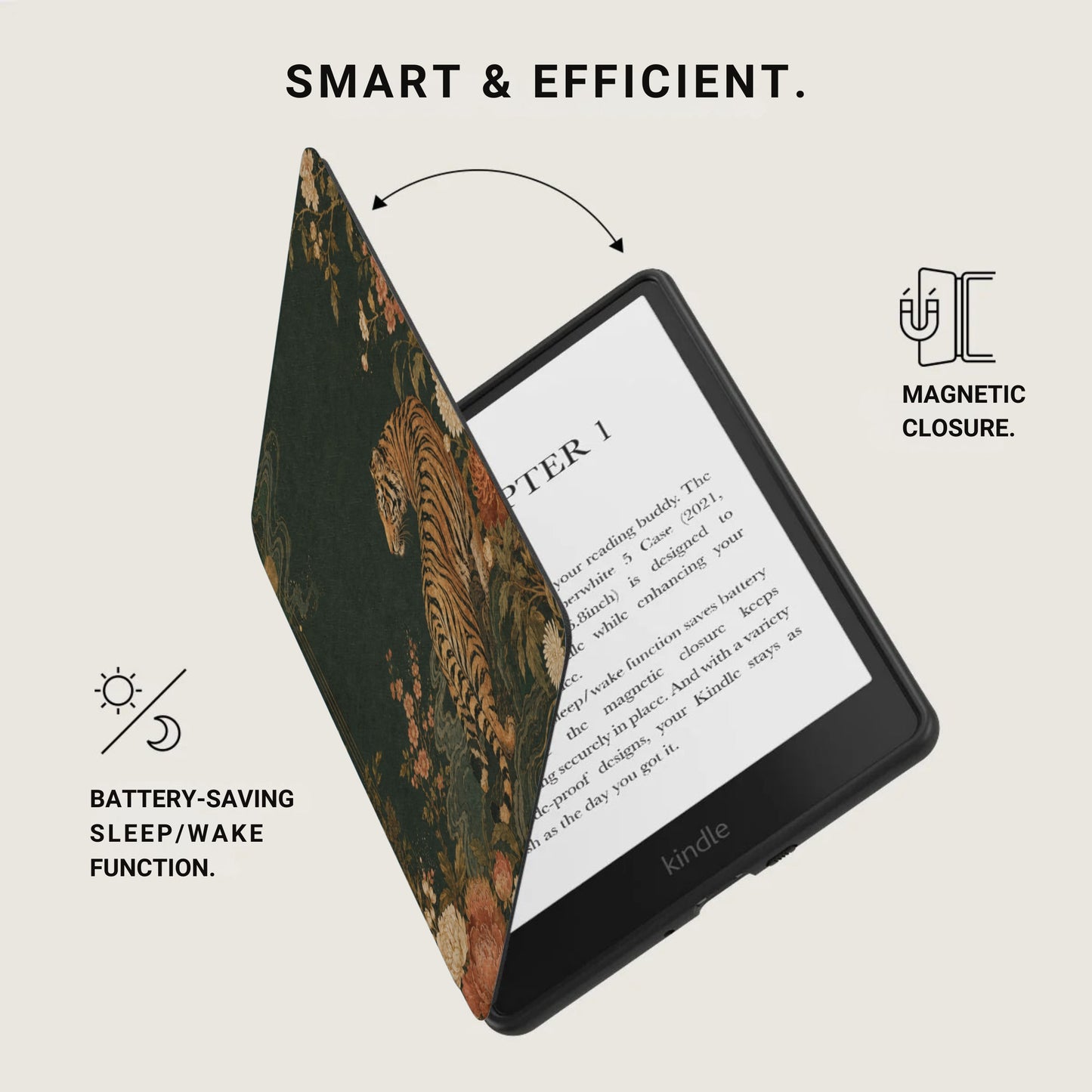Kindle with floral tiger pattern case, magnetic closure, and battery-saving sleep/wake function.