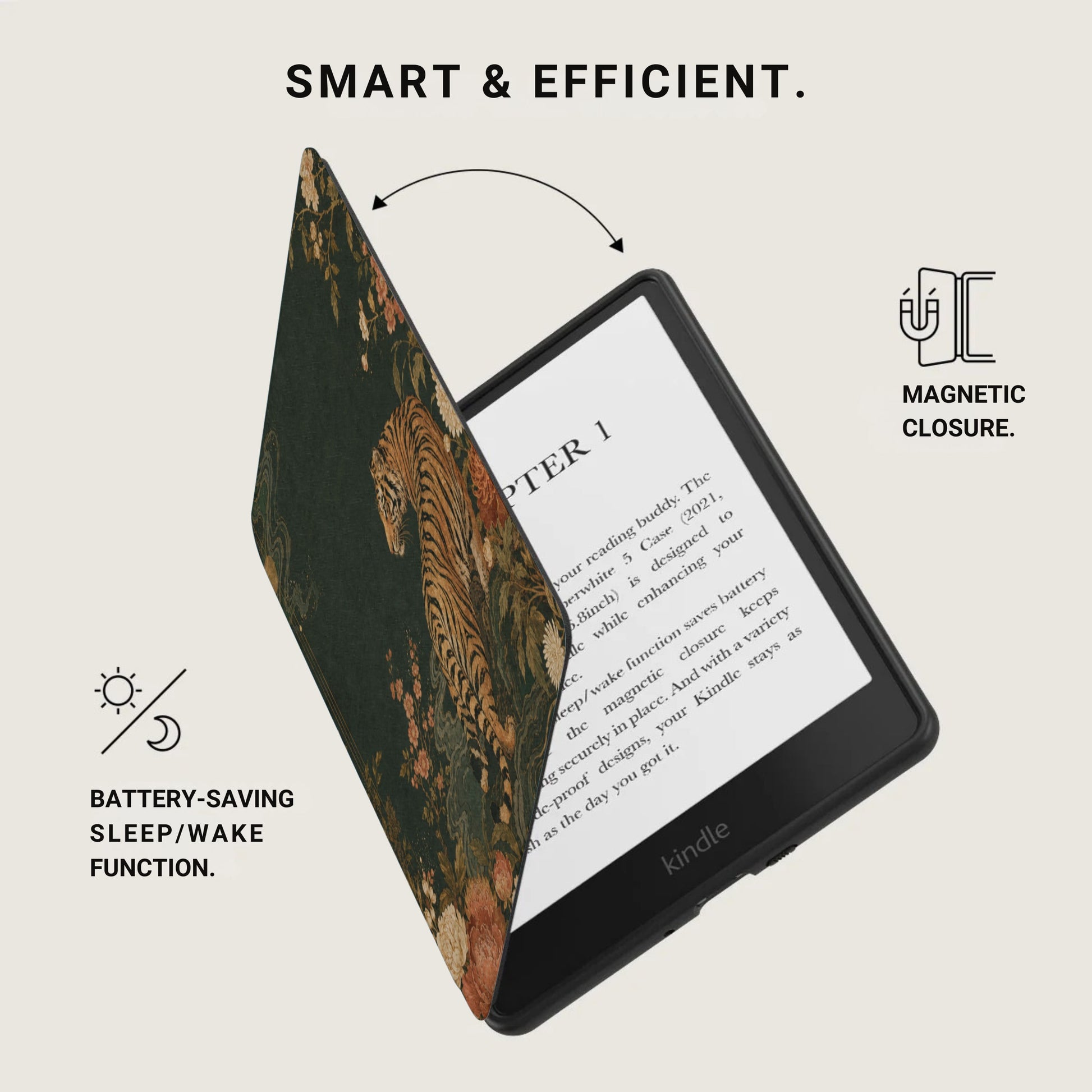 Kindle with floral tiger pattern case, magnetic closure, and battery-saving sleep/wake function.