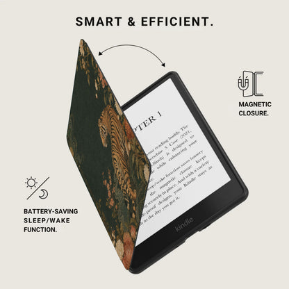 Kindle with floral tiger pattern case, magnetic closure, and battery-saving sleep/wake function.