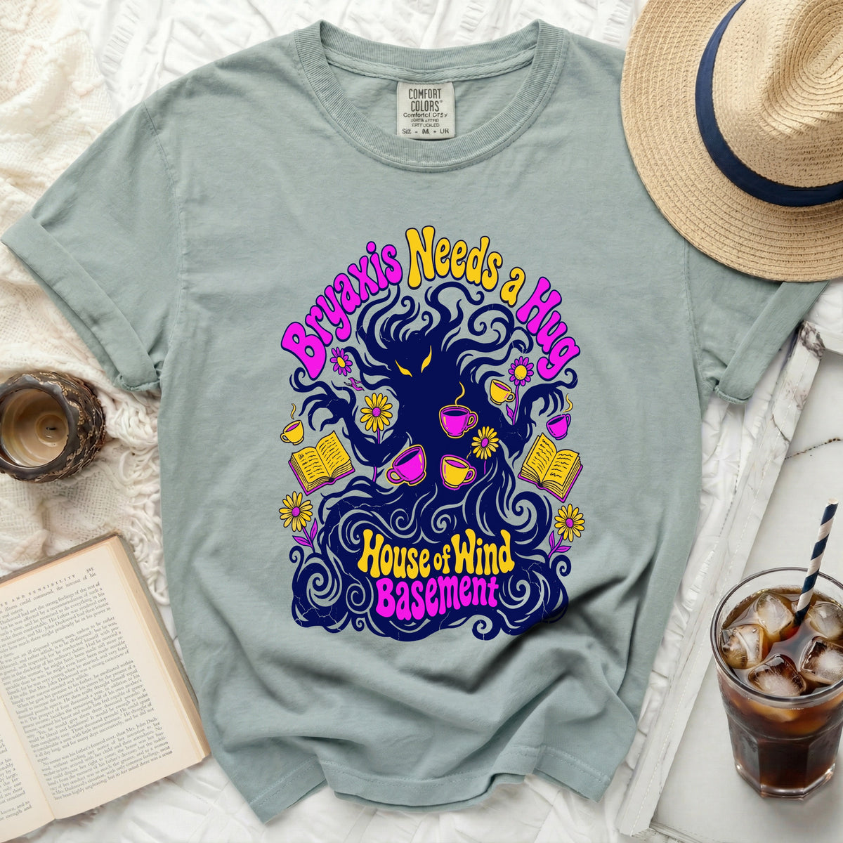 T-shirt with "Bryaxis Needs a Hug" and "House of Wind Basement" graphic.