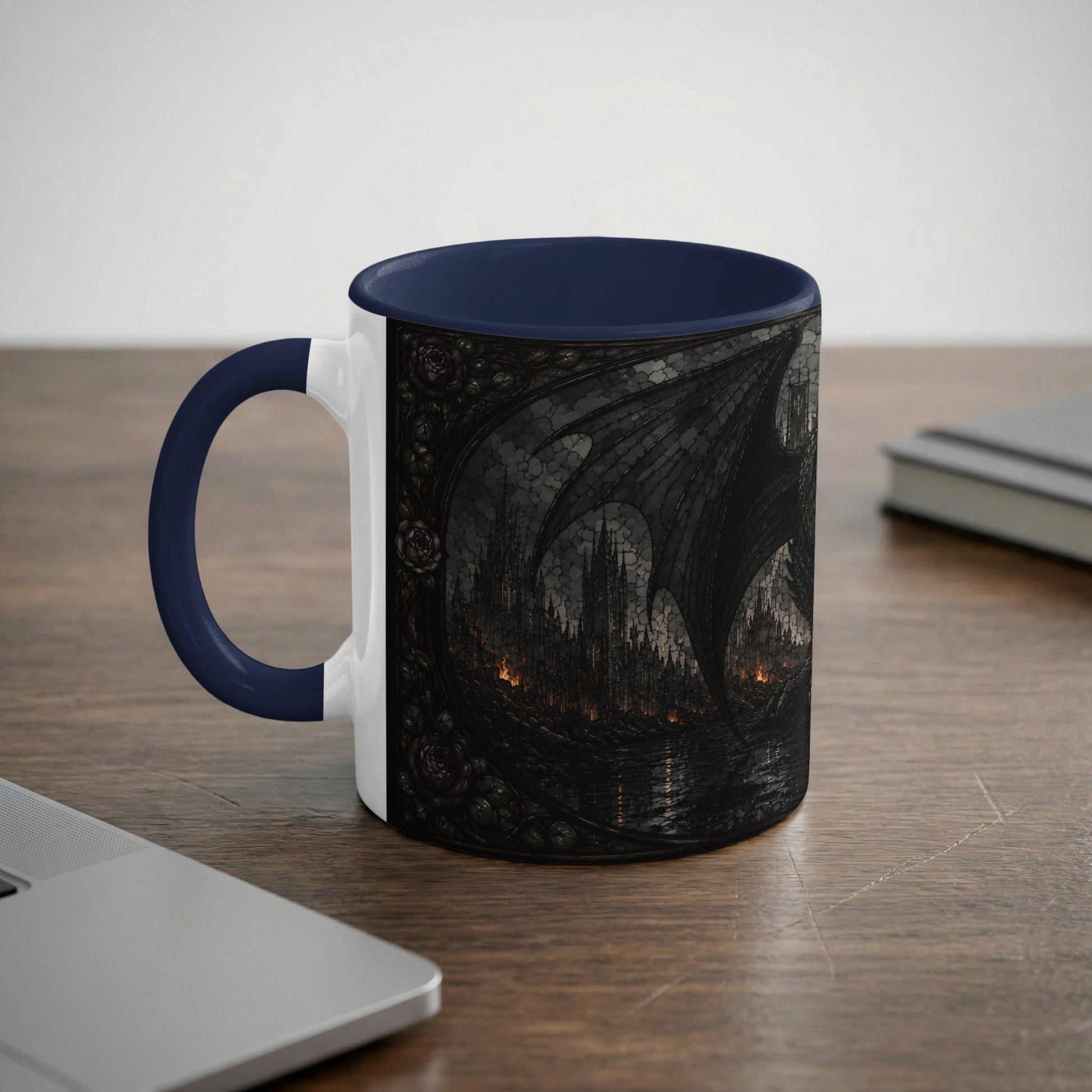 Dark gothic dragon wings and castle design on a white and navy mug.