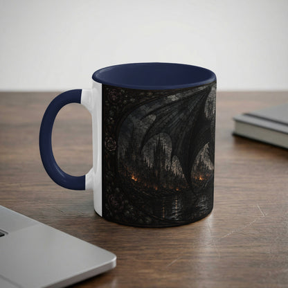 Dark gothic dragon wings and castle design on a white and navy mug.