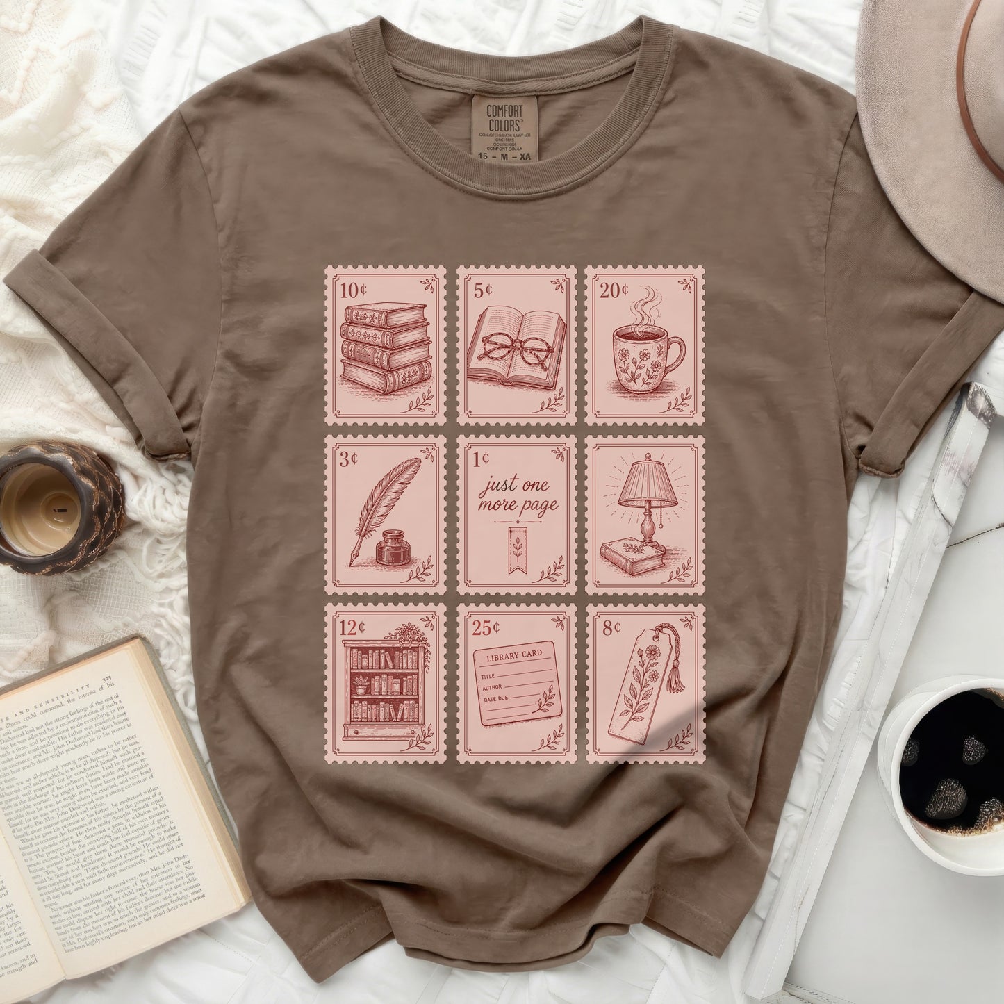 T-shirt with library stamp illustrations and book-themed postage stamps.