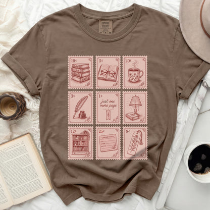 T-shirt with library stamp illustrations and book-themed postage stamps.