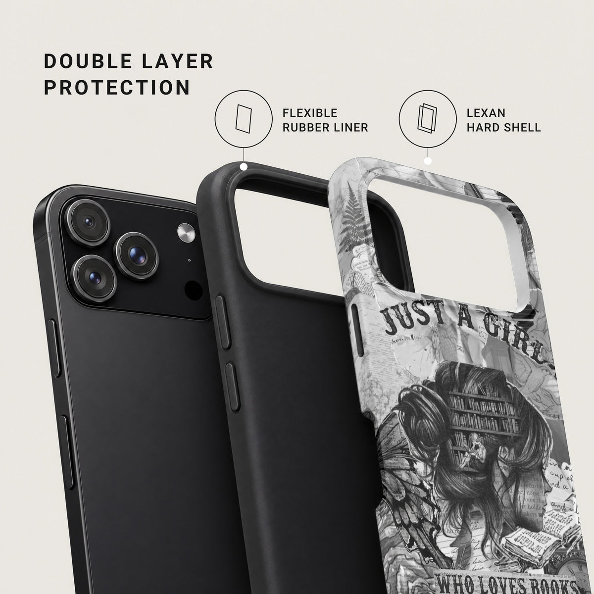 A smartphone with a dual-layer case featuring a flexible rubber liner and a hard shell.