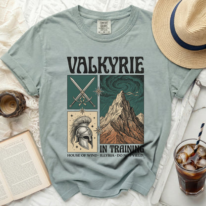 Valkyrie t-shirt with sword, helmet, and mountain graphics and text.