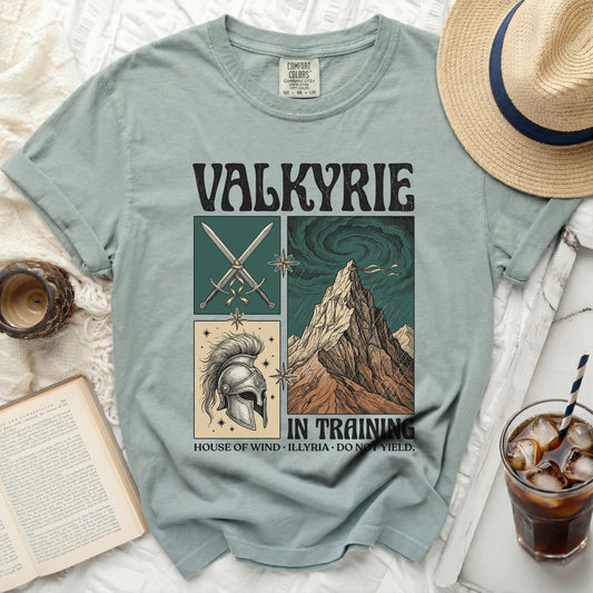 Valkyrie t-shirt with sword, helmet, and mountain graphics and text.
