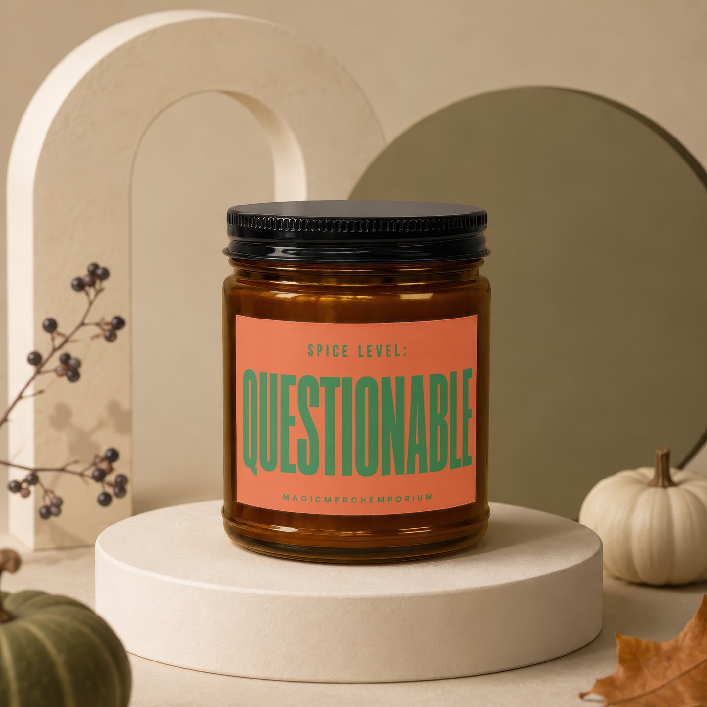 Amber jar candle with orange label reading "SPICE LEVEL: QUESTIONABLE" and "MAGICMERCH.COM".