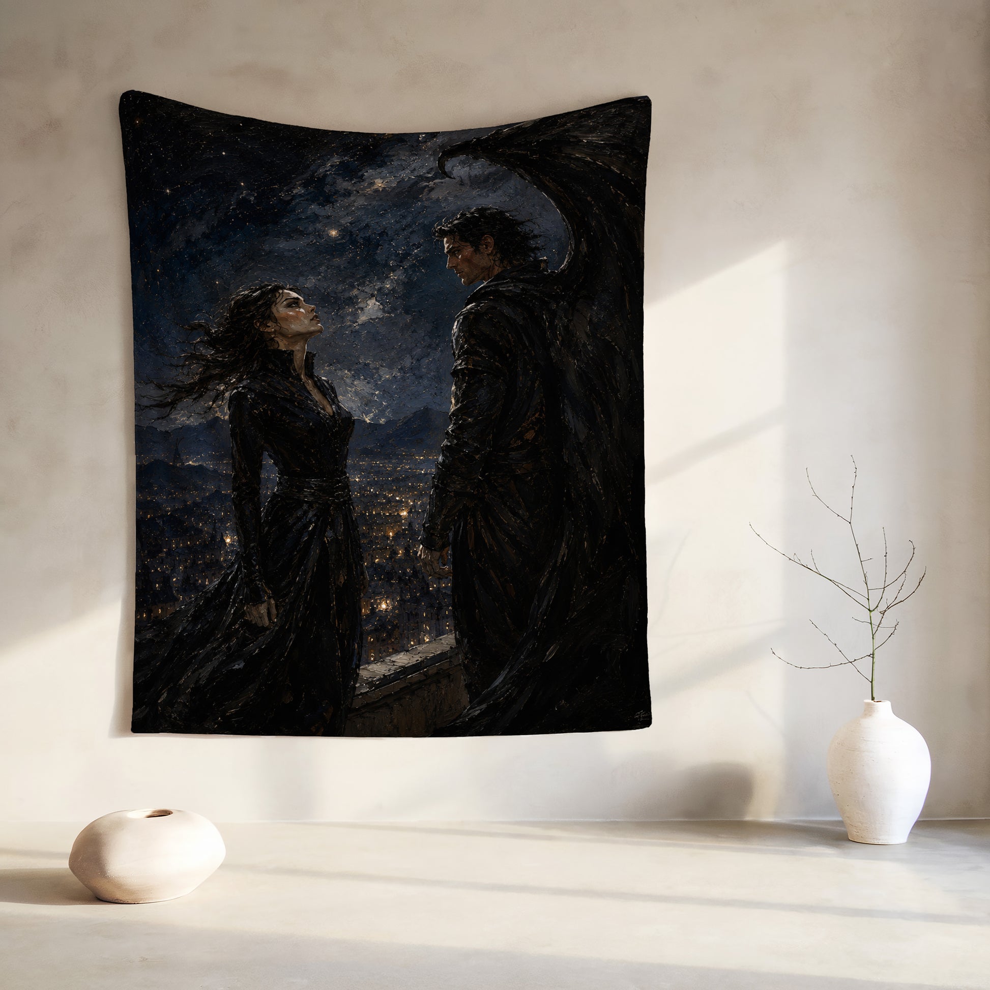Tapestry: Woman looking up, winged man and city at night.