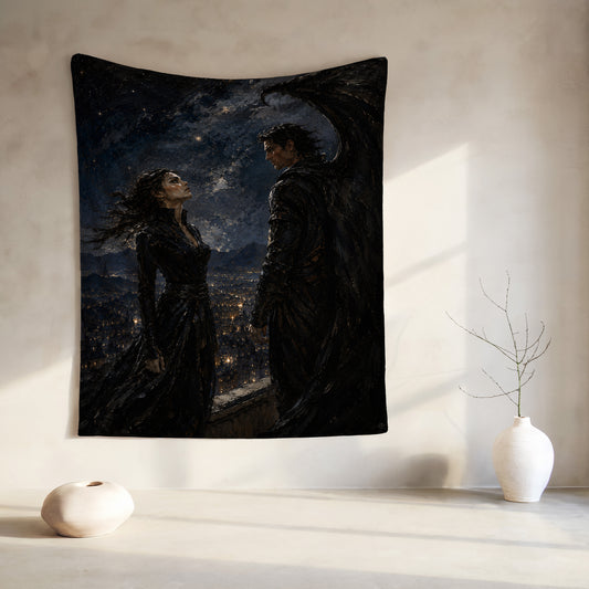 Tapestry: Woman looking up, winged man and city at night.