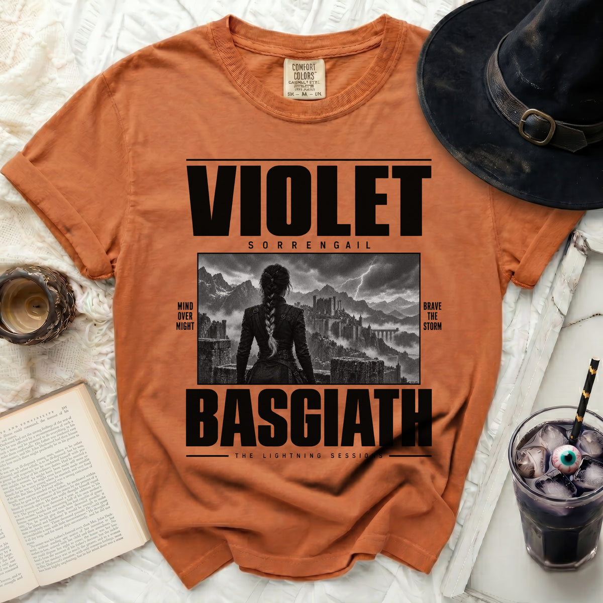 Orange t-shirt with "Violet Sorrengail Basgiath The Lightning Sessions" text.