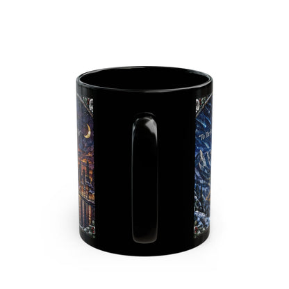 A black ceramic mug features a wrap-around fantasy landscape illustration with night skies and mountains.