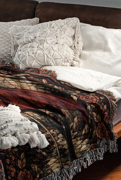 a cozy and inviting bedroom scene, featuring a bed with a colorful, patterned blanket and a white pillow. The bed is set against a brown leather headboard, creating a warm and comfortable atmosphere.
