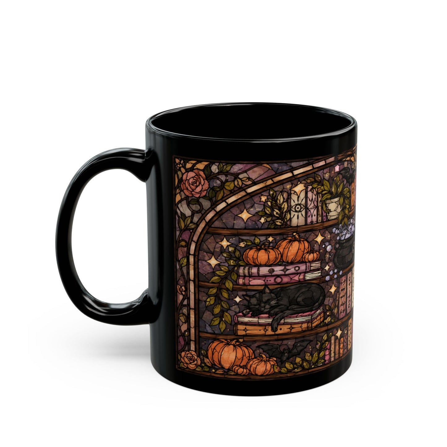 Black mug with a stained-glass style illustration of a shelf with pumpkins, books, a cat, and bats.