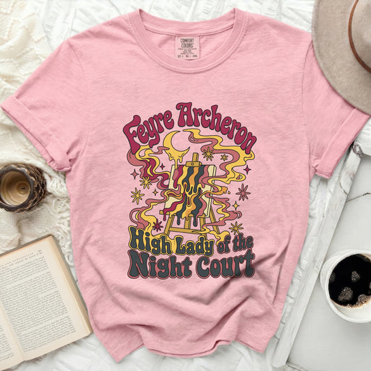 Pink t-shirt with "Feyre Archeron High Lady of the Night Court" design.