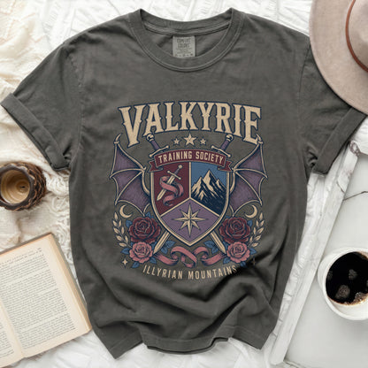 Grey t-shirt with Valkyrie Training Society crest and Illyrian Mountains text.