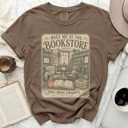 Brown t-shirt with "Meet Me At The Bookstore" vintage graphic and book-themed quotes.