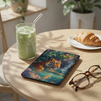 Tablet case featuring an oil painting of a tiger in water with lush foliage.