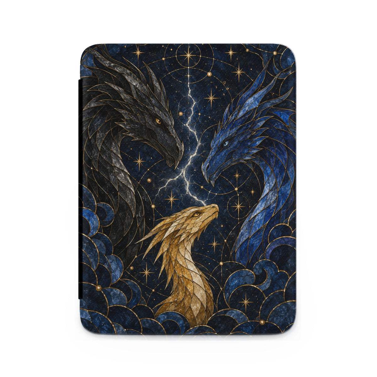 Three dragons, black, blue, and gold, facing each other under a starry sky.
