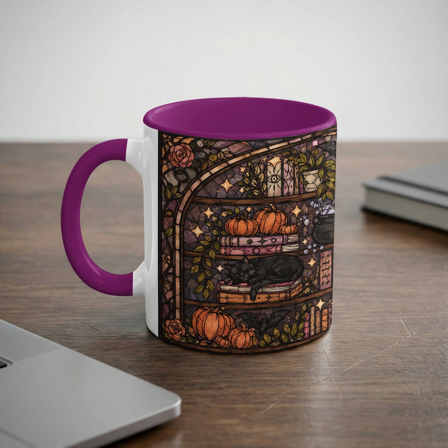 Mug with purple handle and interior featuring stained glass-style art of witchy bookshelf scene.