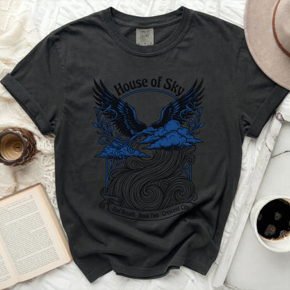 Black t-shirt with "House of Sky and Breath Book Two Crescent City" text and winged design.