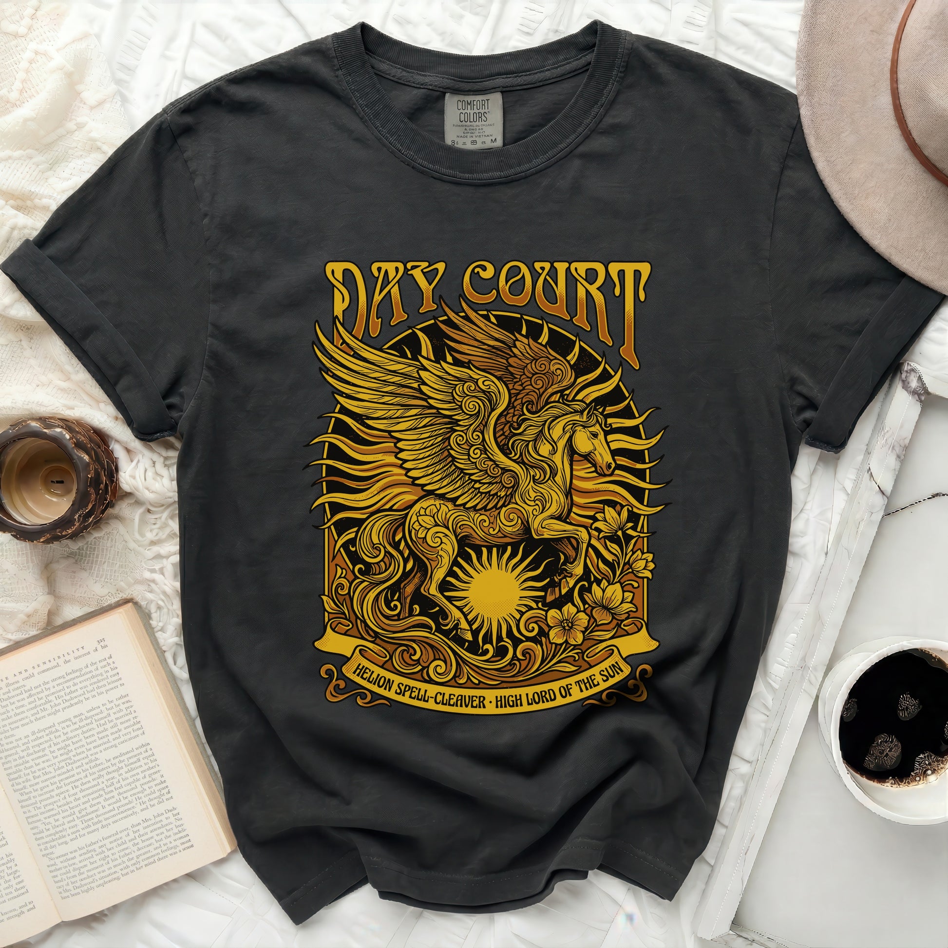 Dark t-shirt with "DAY COURT" and Pegasus design, "HELION SPELL-CLEAVER" text.